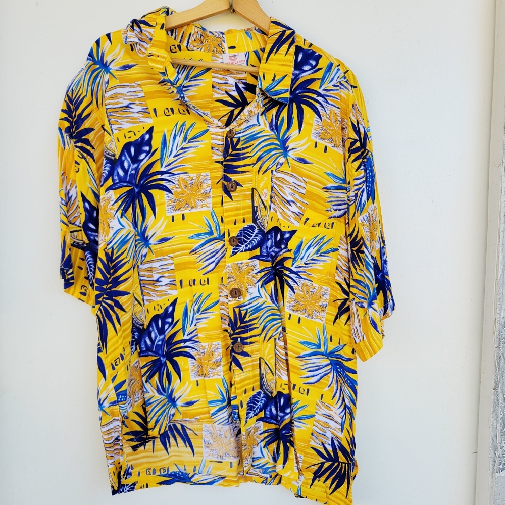 Pineapple Moon Hawaiian Shirt Mens Yellow Rayon Button Up Summer Aloha XL